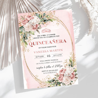 Elegante Roségold-Blumen-Eucalyptus-Quinceañera Einladung