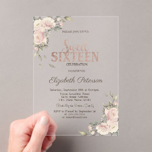 Elegante Roségold-Blumen-Sweet-16-Geburtstag Acryleinladungen