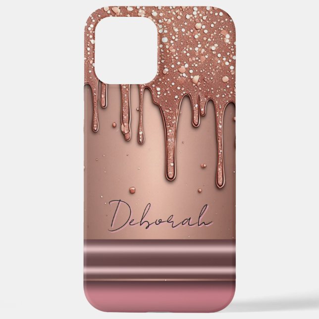 💎 Elegante Roségold-Drip Custom Name Glitter iPhone Hülle (Rückseite)
