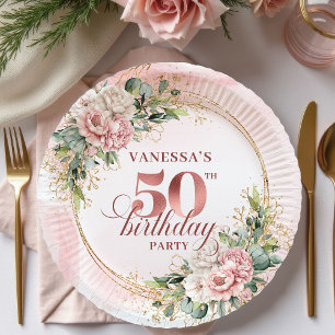 Elegante Roségold-Glitter 50. Geburtstag Floral Pappteller