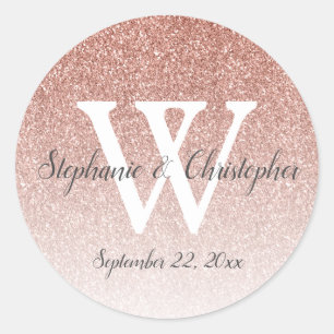 Elegante Roségold-Glitter-Ombre-Hochzeitsmonogramm Runder Aufkleber