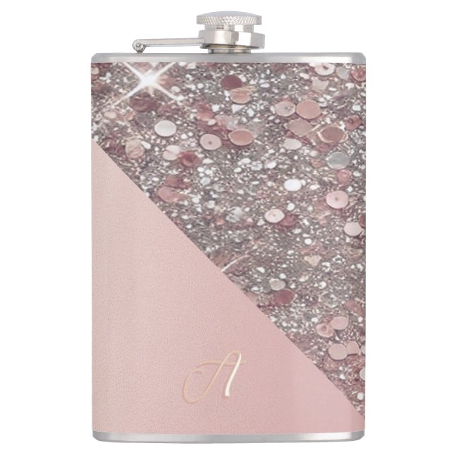 Elegante roségoldene Monogramm-Flasche mit Vinylfo Flachmann (Vorderseite)