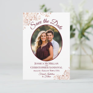 Elegante roségoldene und burgunderrote ovale Foto- Save The Date