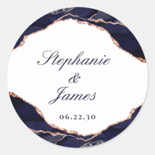 Elegante Roségoldfolie Navy Blau Achat Hochzeit Runder Aufkleber