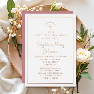 Elegante Roségoldfolie Schrift Rosa Erstkommunion Folieneinladung