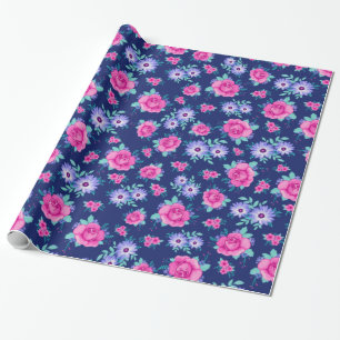 Elegante Rosen Blumenmuster in Rosa, Lila und Blau Geschenkpapier