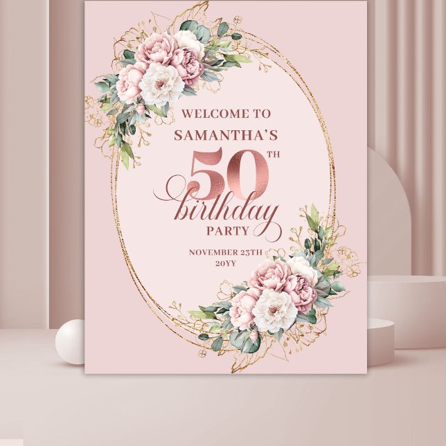 Elegante Rosen-Gold-Rouge-Blumen 50. Geburtstag Wandteppich (Elegant Rose Gold Blush Flowers 50th Birthday Party Tapestry

)