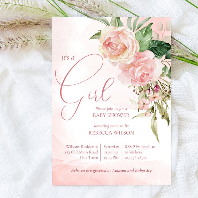 Elegante Rosen in Rosa, ein Mädchen, das duscht Einladung (Von Creator hochgeladen)