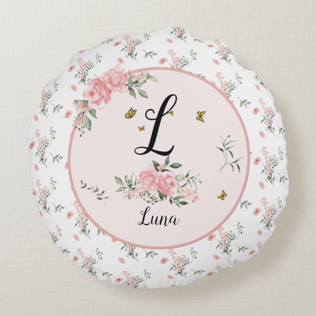 Elegante Rosen mit Schmetterlingen Rundes Kissen (Rückseite)