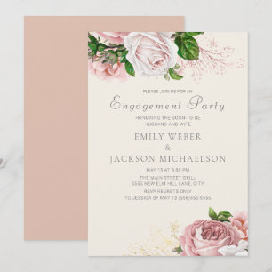 Elegante Rosen Rosa Floral Creme Verlobungsfeier Einladung