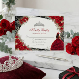 Elegante Rosen rote und silberne Tiara Quinceañera RSVP Karte