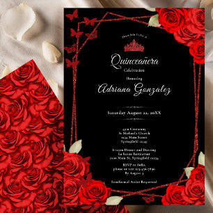 Elegante Rosen und Krone Rote Quinceanera Einladung
