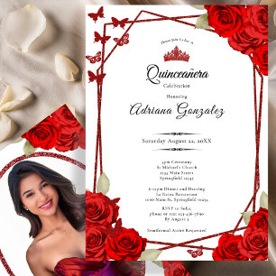 Elegante Rosen und Krone Rote Quinceanera Einladung