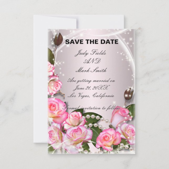 Elegante Rosen und Perlen Save the Date Einladung (Vorderseite)