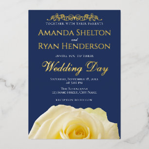 Elegante Rosenverzierung Navyblau Hochzeit Gold Folieneinladung