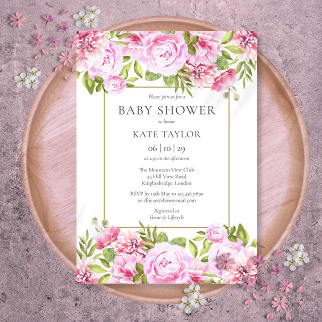 Elegante Roses Blumenspülung Einladung (Elegant Pink Roses Floral Baby Shower Invitation)