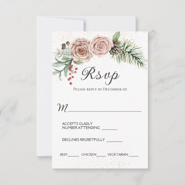 Elegante Roses Red Berries Evergreen Wedding RSVP Karte (Vorderseite)