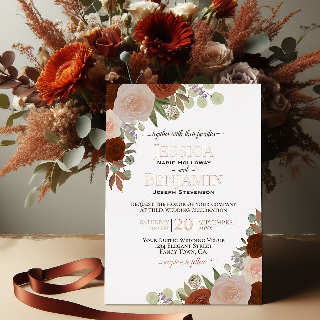Elegante Rost Orange Blumen mit Rose Gold Wedding Folieneinladung (Von Creator hochgeladen)