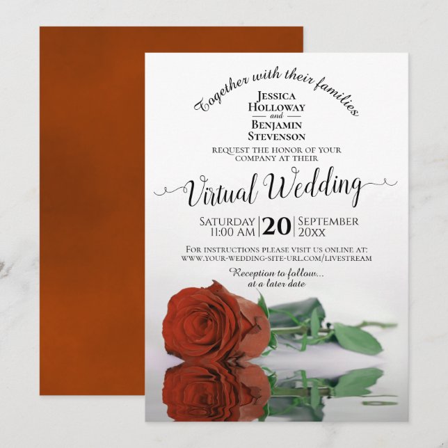 Elegante Rost Orange Romantische Rose Virtual Wedd Einladung (Vorne/Hinten)