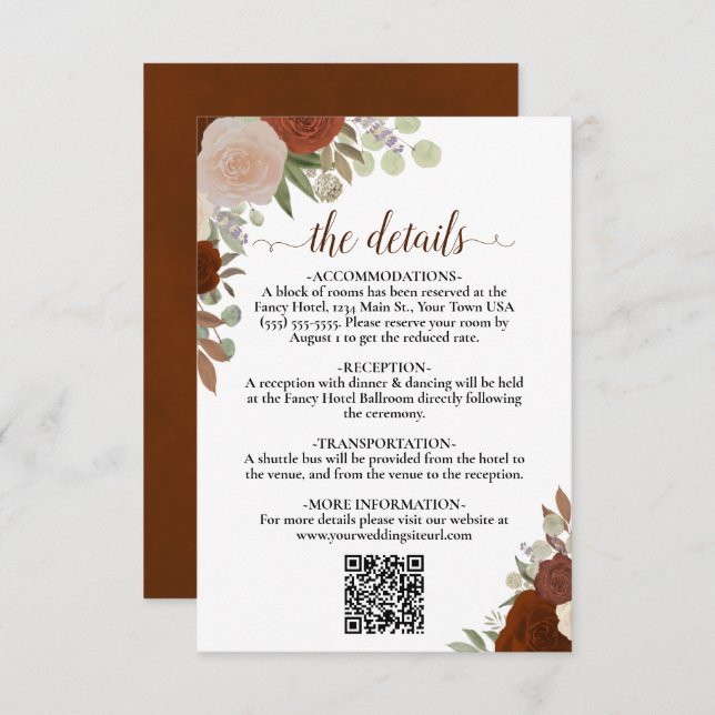 Elegante Rost Orange Rose Hochzeitdetails QR-Code Begleitkarte (Vorne/Hinten)