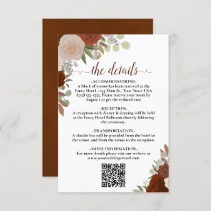 Elegante Rost Orange Rose Hochzeitdetails QR-Code Begleitkarte