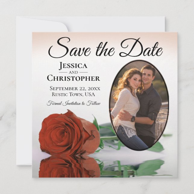 Elegante Rost Orange Rose mit Oval Foto Hochzeit Save The Date (Vorderseite)