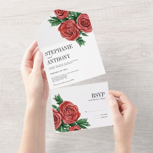 Elegante Rost- und Sage-Rose Hochzeit All In One Einladung (Abreißen)