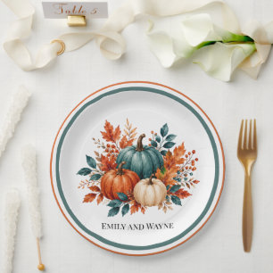 Elegante Rost- und Türkisfarbene Kürbis-Hochzeit Pappteller