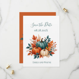 Elegante Rost- und Türkisfarbene Kürbis-Hochzeit Save The Date