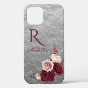 Elegante Rot-Blush-Rose mit Monogramm auf Grau Case-Mate iPhone Hülle