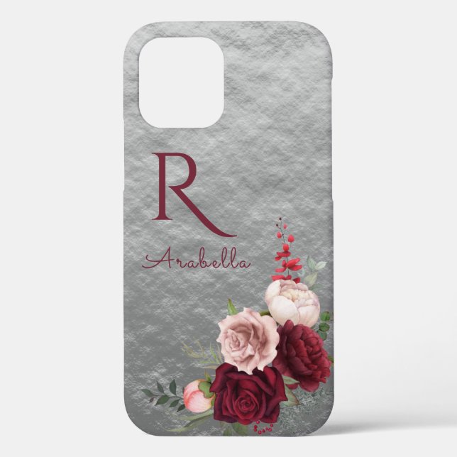 Elegante Rot-Blush-Rose mit Monogramm auf Grau Case-Mate iPhone Hülle (Rückseite)