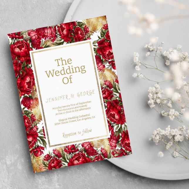 Elegante Rot-Gold-Grüne Pfingsten Blumenhochzeit Einladung (Elegant red gold green peonies floral wedding)