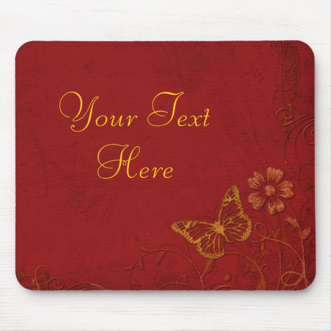 Elegante Rot-Gold-Vintage Schmetterlinge Mousepad (Vorne)