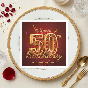 Elegante Rot-Goldene 50. Geburtstagsfeier Glamour Serviette