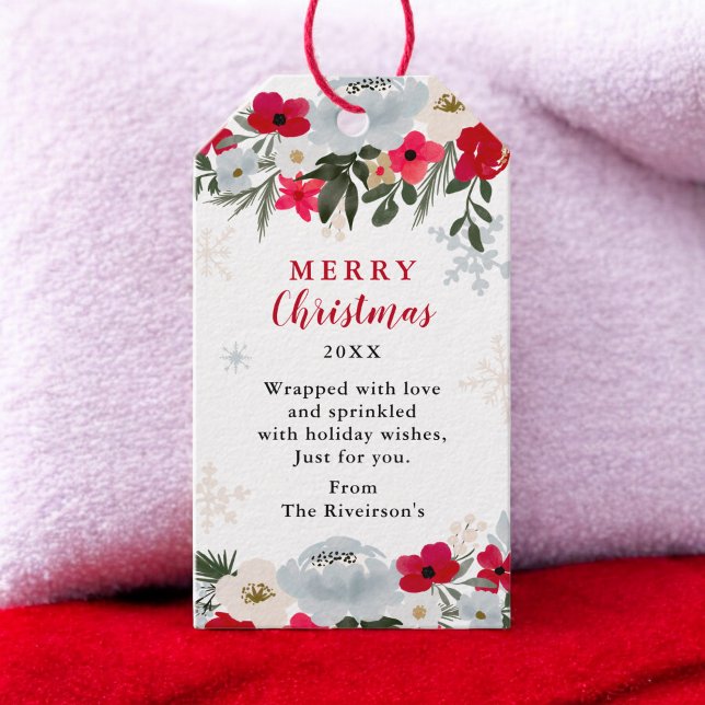 Elegante Rot Grüne Blütenschneeflocke Weihnachten Geschenkanhänger (Elegant Red Green floral snowflake Christmas Gift Tags)