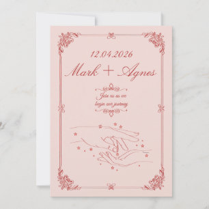 Elegante Rot-Pink-Hochzeit Hände Linienkunst Einladung