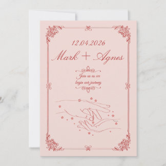 Elegante Rot-Pink-Hochzeit Hände Linienkunst Einladung
