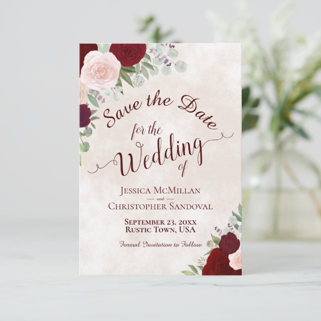 Elegante Rot-Rosa-Boho Wasserfarben-Rose Hochzeit Save The Date (Stehend Vorderseite)