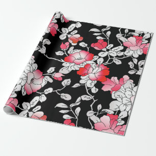 Elegante Rot-Schwarz-Blütendekoupage Geschenkpapier
