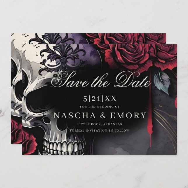 Elegante Rot-Schwarz-Schädel-Rose Gotische Hochzei Save The Date (Vorne/Hinten)