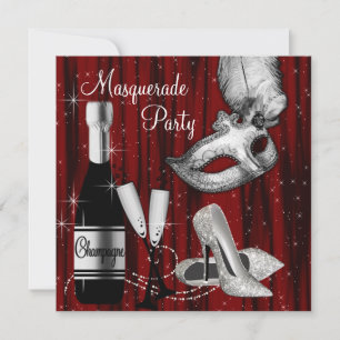 Elegante Rot-Schwarz-Weiße Maskenparty Einladung