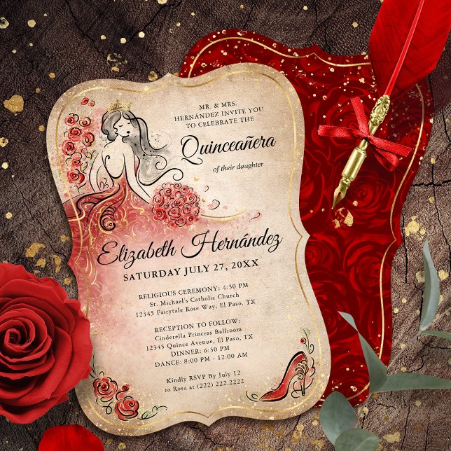 Elegante Rot und Gold Prinzessin Quinceanera Gebur Einladung (Elegant princess red and gold quinceanera invitations that can be personalized by you.)