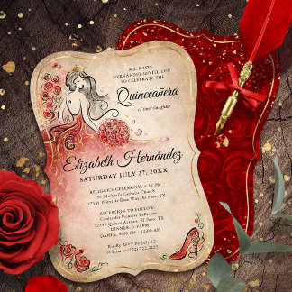 Elegante Rot und Gold Prinzessin Quinceanera Gebur Einladung