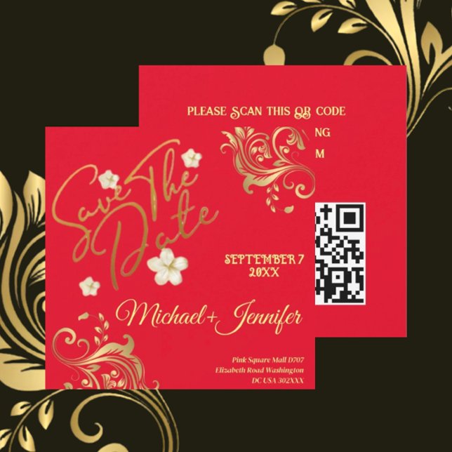 Elegante Rot und Gold QR Save the Date Einladung (Von Creator hochgeladen)