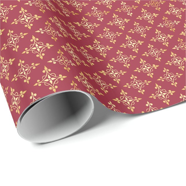 Elegante Rot und Gold Quatre Flora Festlicher Dama Geschenkpapier (Rolleneckpunkt)