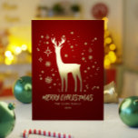Elegante Rot und Gold Rentier Frohe Weihnachten Folien Feiertagskarte<br><div class="desc">Dieses moderne, elegante Rot- und Goldene Rentier Real Foil Frohe Weihnachts-Non-Foto-Design bietet einen Rentier umgeben von einem eleganten Set von Schneeflocken und Sternen. Die Rückseite der Einladung ist ein festliches Muster der gleichen Weihnachtsbilder. Sie können die Hintergrundfarbe und den Text anpassen. Dieses Design ist perfekt für eine fröhliche Weihnachtskarte. Sehen...</div>