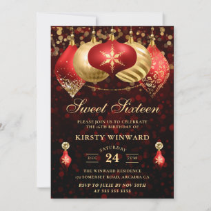 Elegante Rot- und Gold-Weihnachtskugeln Sweet 16 Einladung