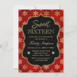 Elegante Rot und Gold Winterschneeflocken Süß 16 Einladung