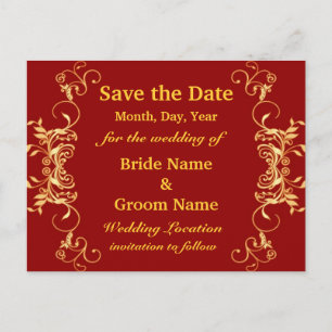 Elegante Rot- und Gold-Wirbel Save the Date Ankündigungspostkarte