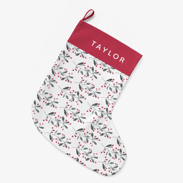 Elegante Rot- und Grünfarben-Holly-Branchen Großer Weihnachtsstrumpf (Vorderansicht (hängend))